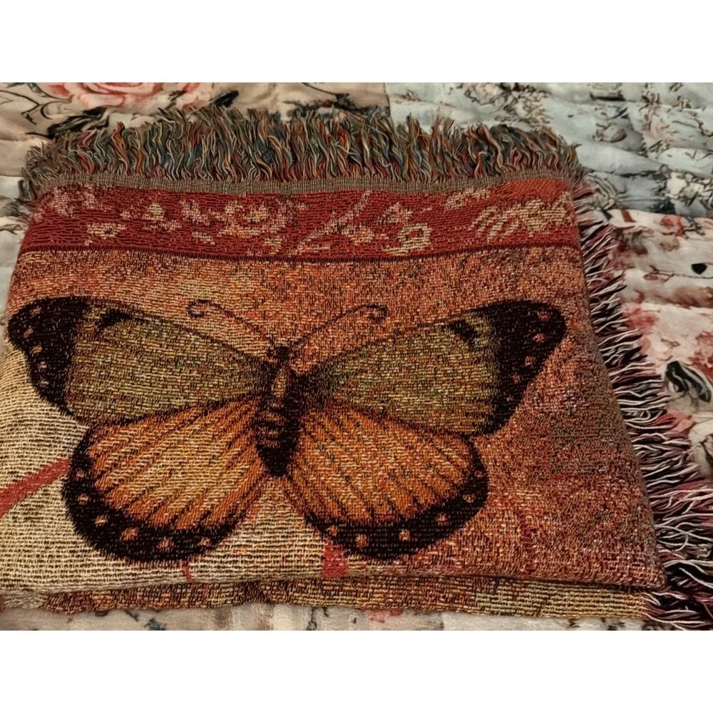 WOVEN TAPESTRY/ THROW KIMBERLEY POLOSON ARTIST BUTTERFLY & ROSE 50” X 60”.  EUC!